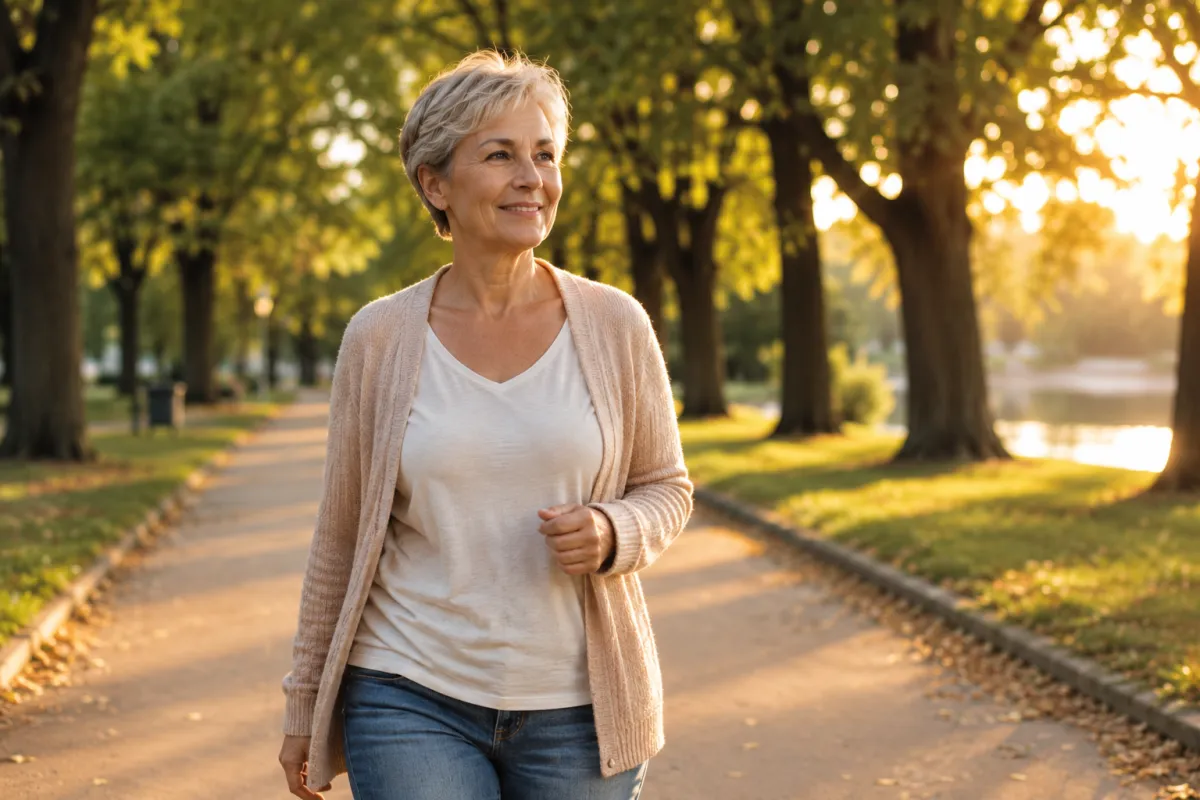 A cancer survivor walking a tree-lined path at golden hour, rebuilding strength after treatment